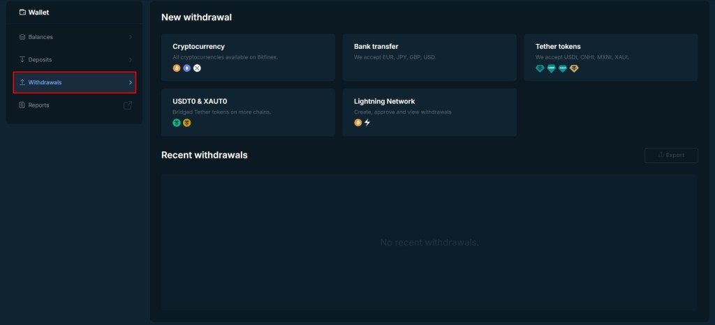 Prikaz opcija za povlačenje sredstava sa Bitfinex mjenjačnice