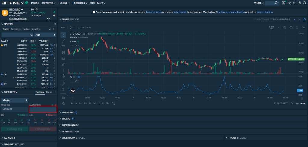Polja za unošenje vrijednosti prilikom postavljanja trgovačkog naloga na Bitfinex mjenjačnici