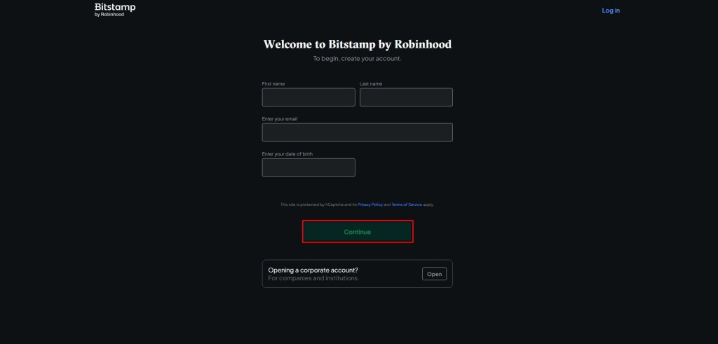 Formular za registraciju računa na Bitstamp mjenjačnici