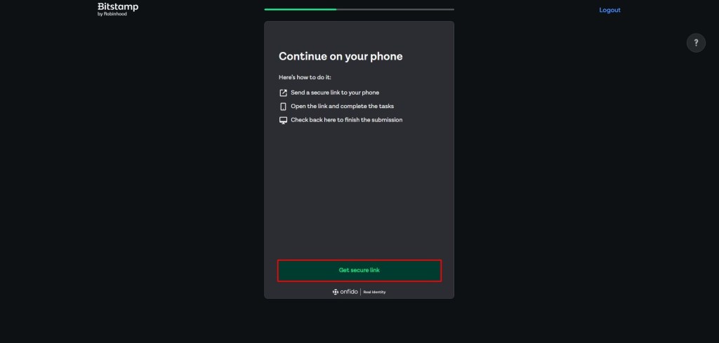 Ekran za prebacivanje na verifikaciju identiteta putem mobilnog telefona na Bitstamp mjenjačnici