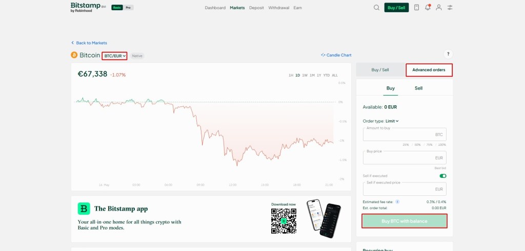 Naznačena polja za odabir tipa trgovačkog naloga i postavljanje naloga na Bitstamp Basic