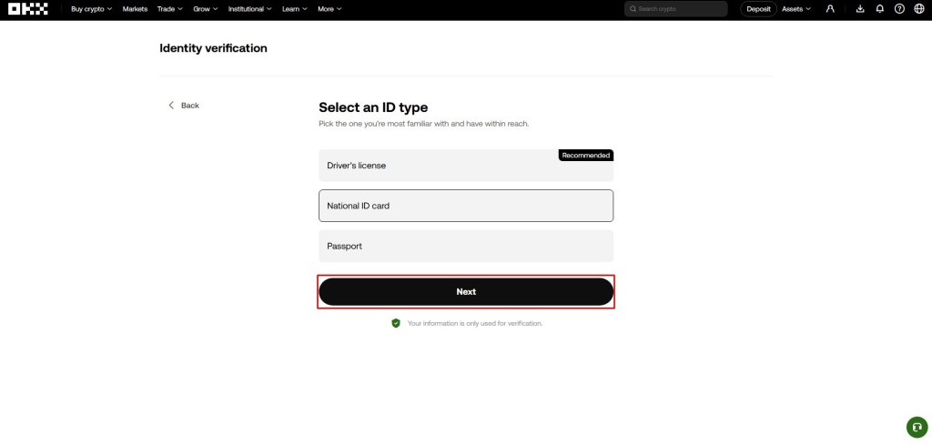 Odabir tipa ličnog dokumenta za verifikaciju identiteta na OKX mjenjačnici