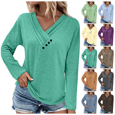 Women Button V Neck Long Sleeve Tops Fall Clothes Pullover Shirts Blouse Tunic - Görsel 1