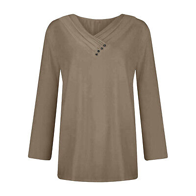 Women Button V Neck Long Sleeve Tops Fall Clothes Pullover Shirts Blouse Tunic - Görsel 10