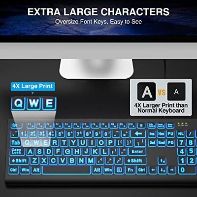 Large Print Backlit Keyboard Wired USB Lighted Computer Keyboard with 7-Color & - Görsel 2