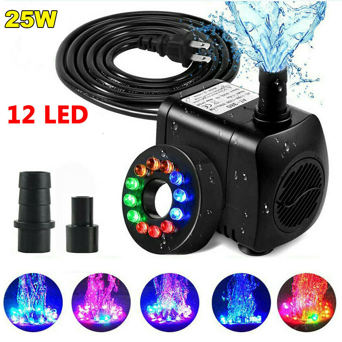 25W Submersible Water Pump W/ 12 LED Light For Fountain Pool Garden Pond Tank - Görsel 1