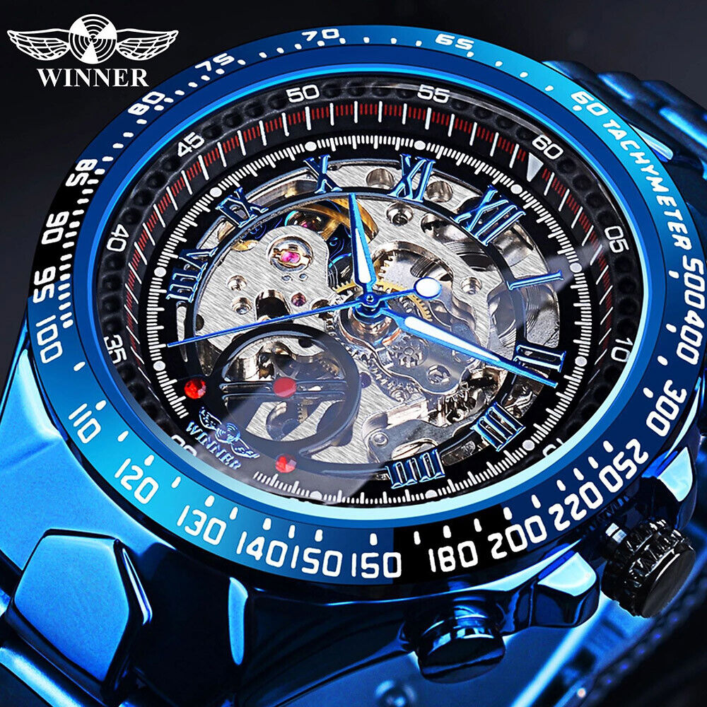 WINNER Men's Stainless Steel Watch Luxury Skeleton Automatic Mechanical Watches - Görsel 1