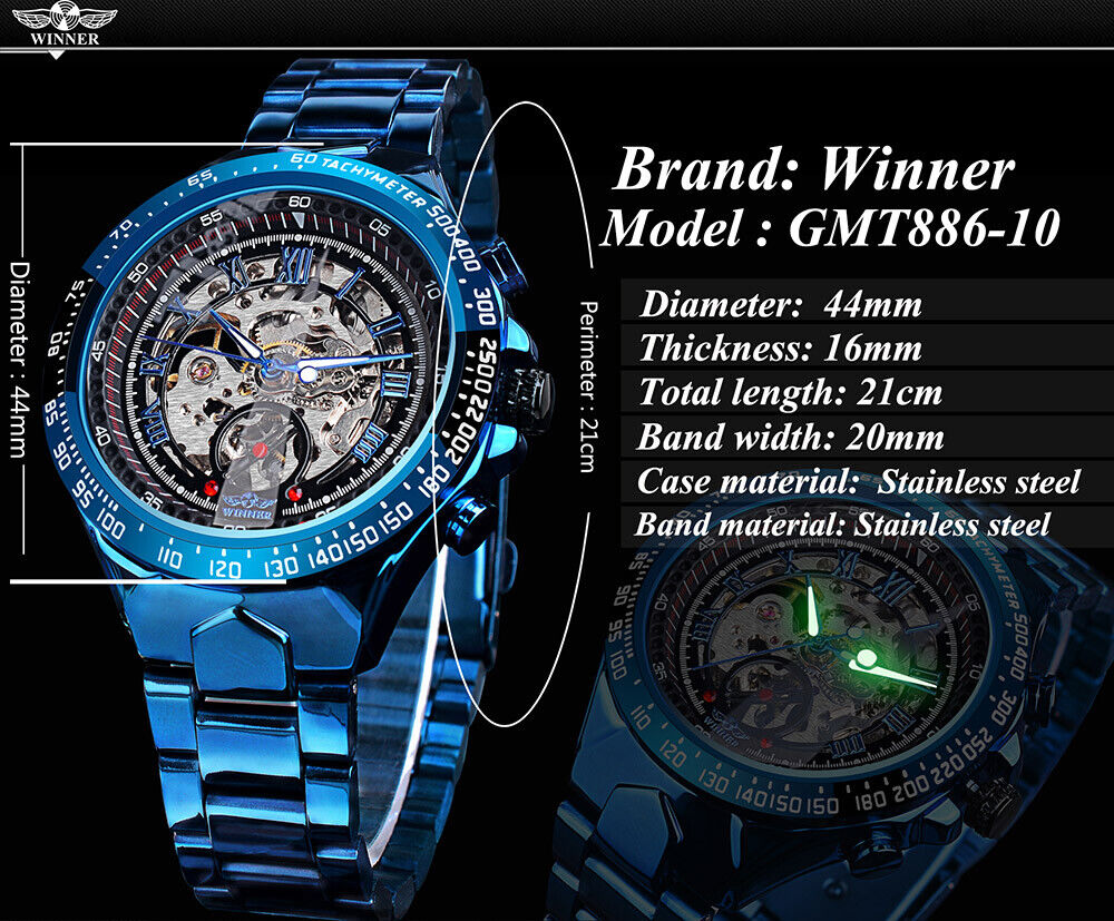WINNER Men's Stainless Steel Watch Luxury Skeleton Automatic Mechanical Watches - Görsel 6