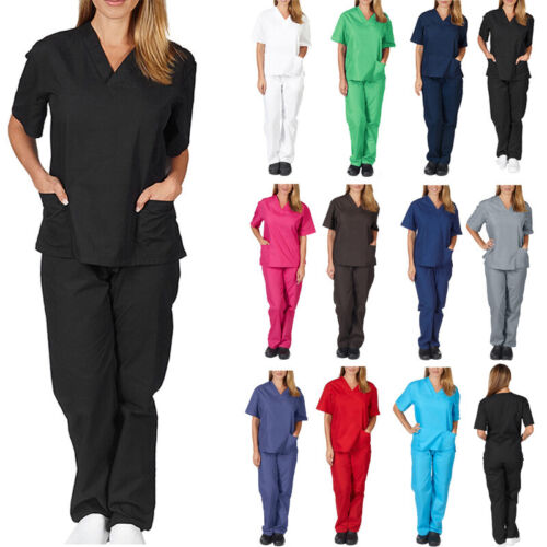 Unisex Hospital Medical Scrub Doctor Nursing Uniform V Neck Top Working Clothes - Görsel 1