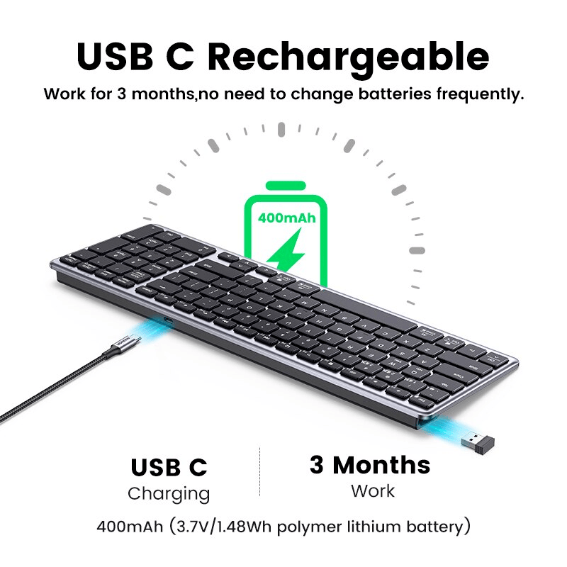 UGREEN Keyboard Wireless Bluetooth 5.0 2.4G Russian Korean English 99 Keys - Görsel 5