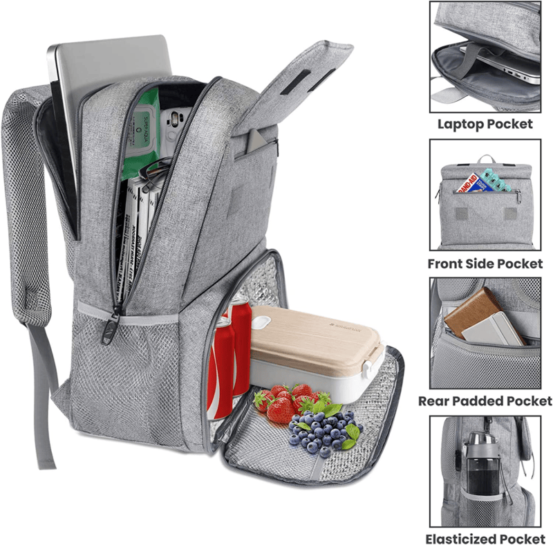 Backpack Bag Laptop Travel Lunchbox Insulated USB Charging Water Resistant Grey - Görsel 1