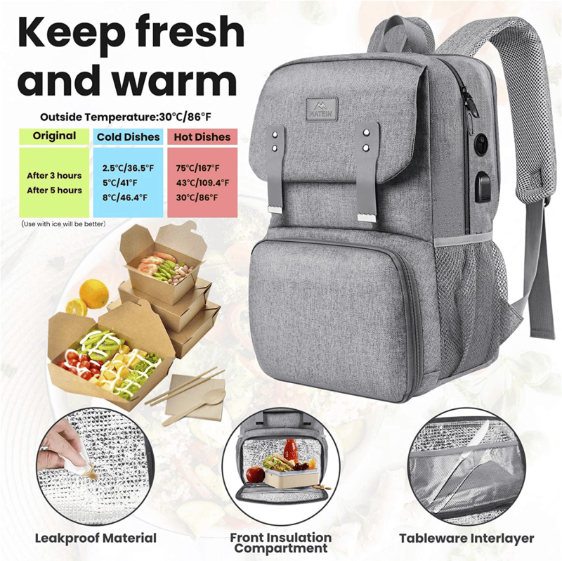 Backpack Bag Laptop Travel Lunchbox Insulated USB Charging Water Resistant Grey - Görsel 3