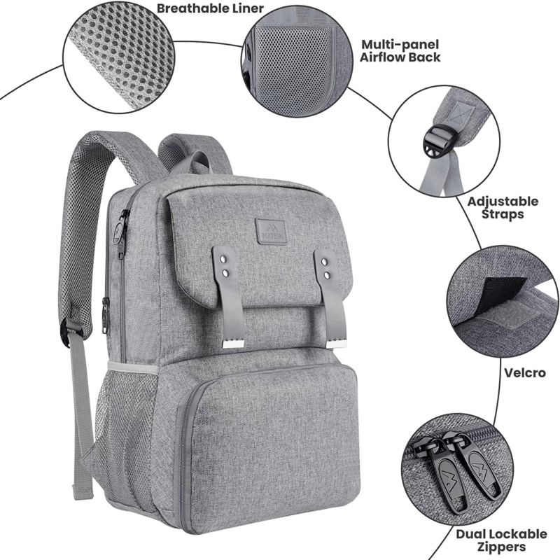Backpack Bag Laptop Travel Lunchbox Insulated USB Charging Water Resistant Grey - Görsel 4