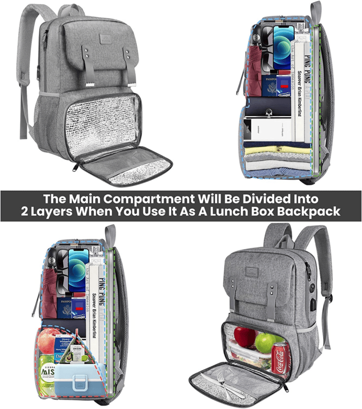 Backpack Bag Laptop Travel Lunchbox Insulated USB Charging Water Resistant Grey - Görsel 6