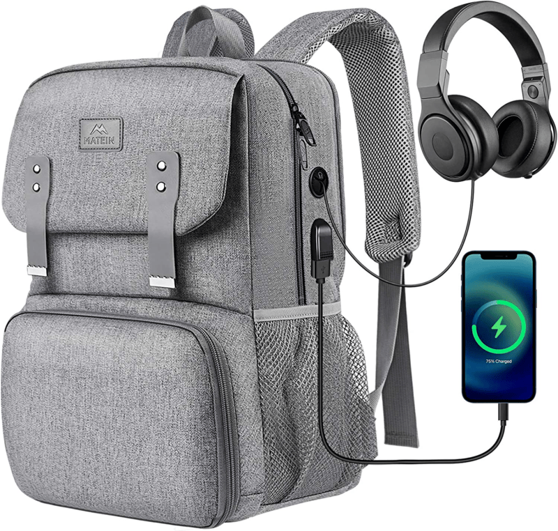 Backpack Bag Laptop Travel Lunchbox Insulated USB Charging Water Resistant Grey - Görsel 11