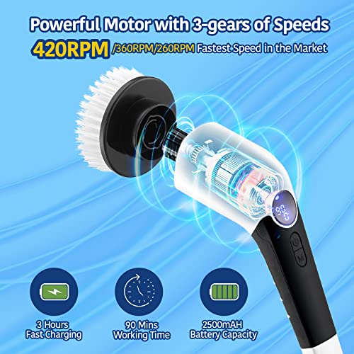 Keimi Electric Spin Scrubber, 2023 New Cordless Voice Prompt Shower Cleaning Brush with 8 Replaceable Brush Heads, 3 Adjustable Speeds, and Adjustable Extension Handle for Bathroom Floor Tile  Health & Household - Görsel 3