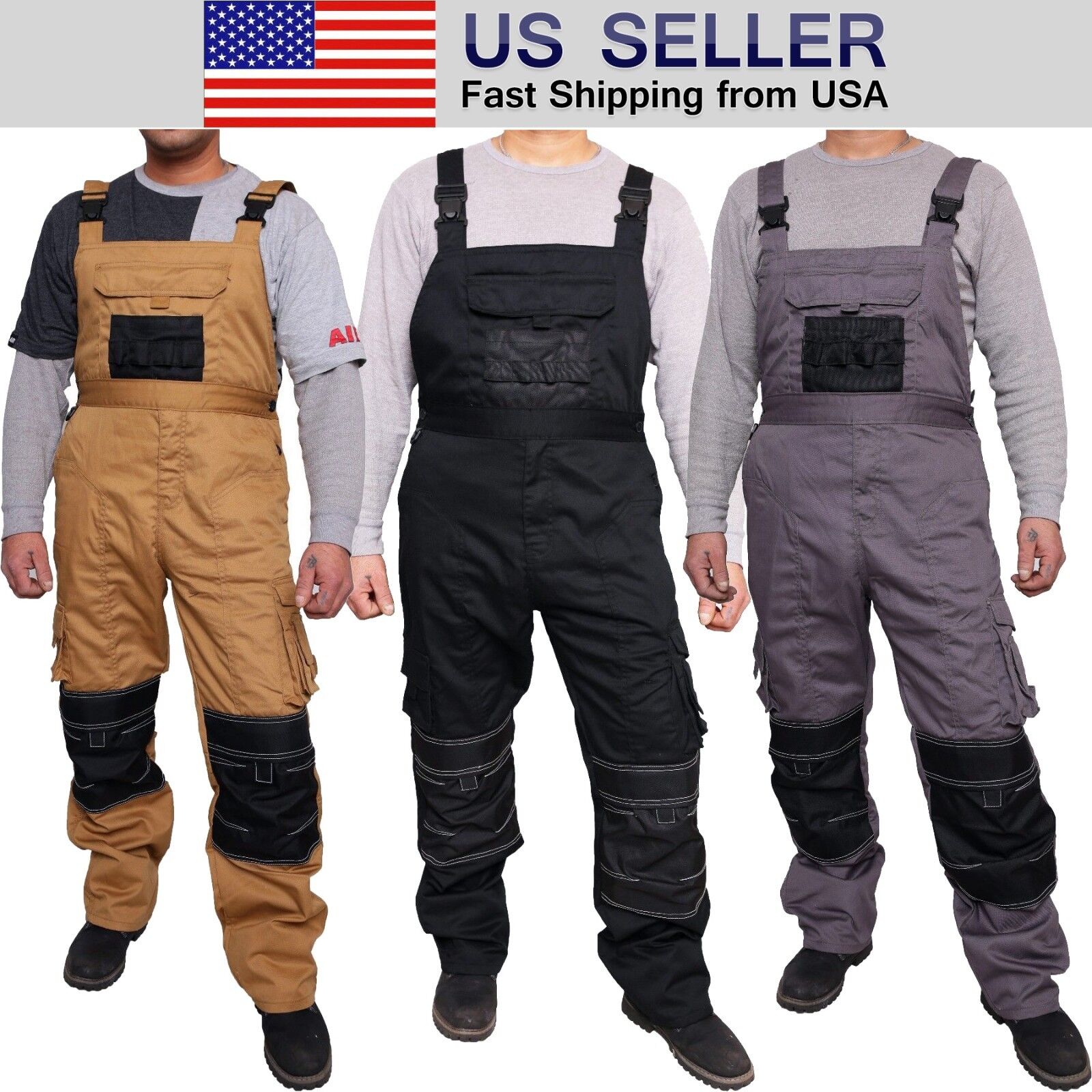 Mens Work Dungarees Working Trousers Bib and Brace Overall Multi Pockets Pants