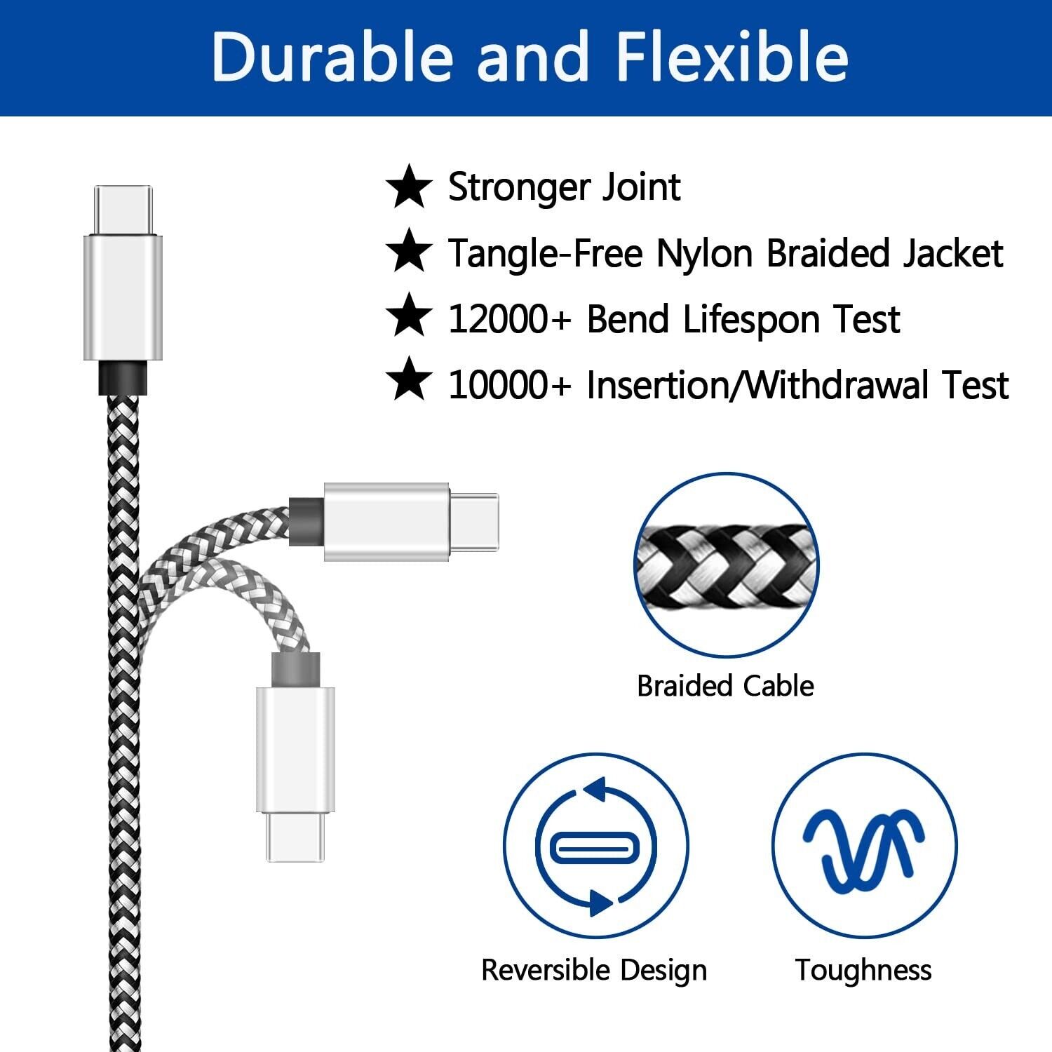 3-Pack Braided USB C Type-C Fast Charging Data SYNC Charger Cable Cord 3/6/10FT - Görsel 5