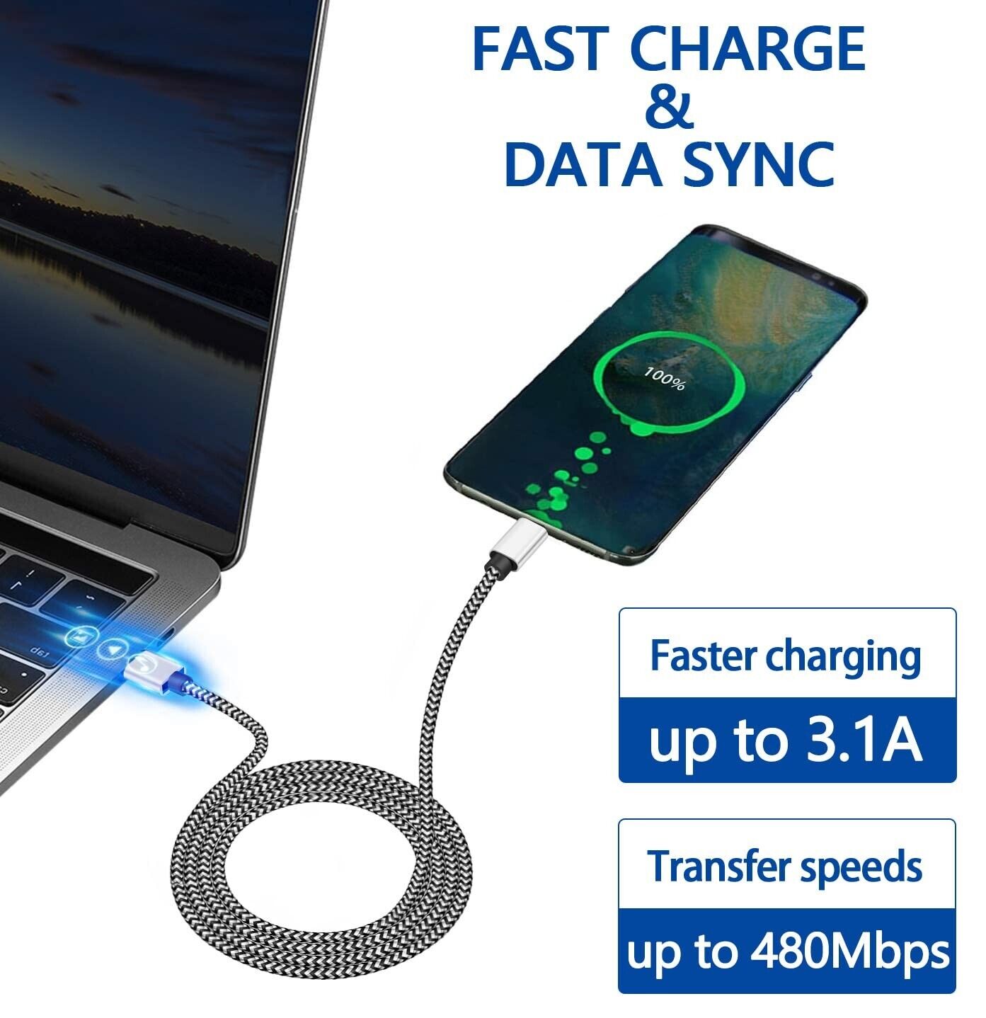 3-Pack Braided USB C Type-C Fast Charging Data SYNC Charger Cable Cord 3/6/10FT - Görsel 7