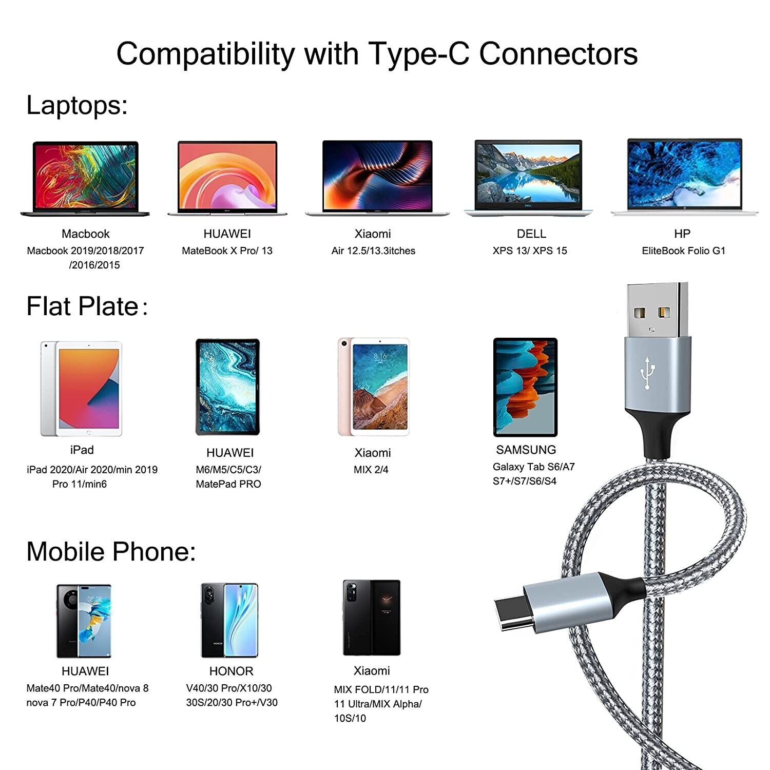 3-Pack Braided USB C Type-C Fast Charging Data SYNC Charger Cable Cord 3/6/10FT - Görsel 9