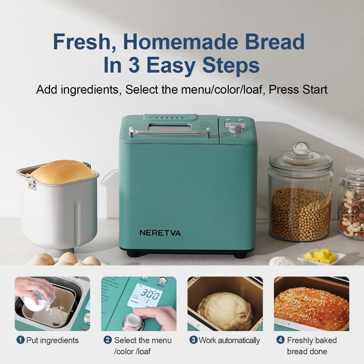 Neretva 2LB Automatic Bread Maker Machine,20-in-1 w/ Gluten Free Pizza Sourdough - Görsel 4