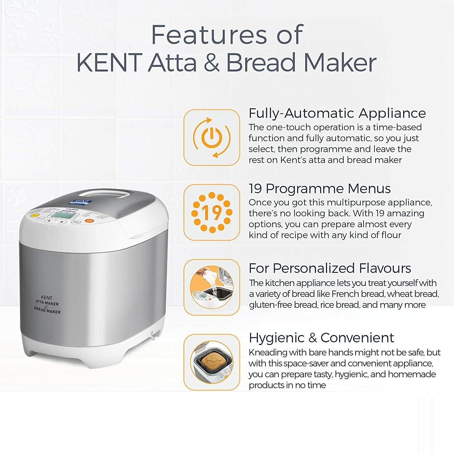 KENT Atta and Bread Maker Knead Atta Dough Maker 550-Watt 220 V Steel Grey - Görsel 5