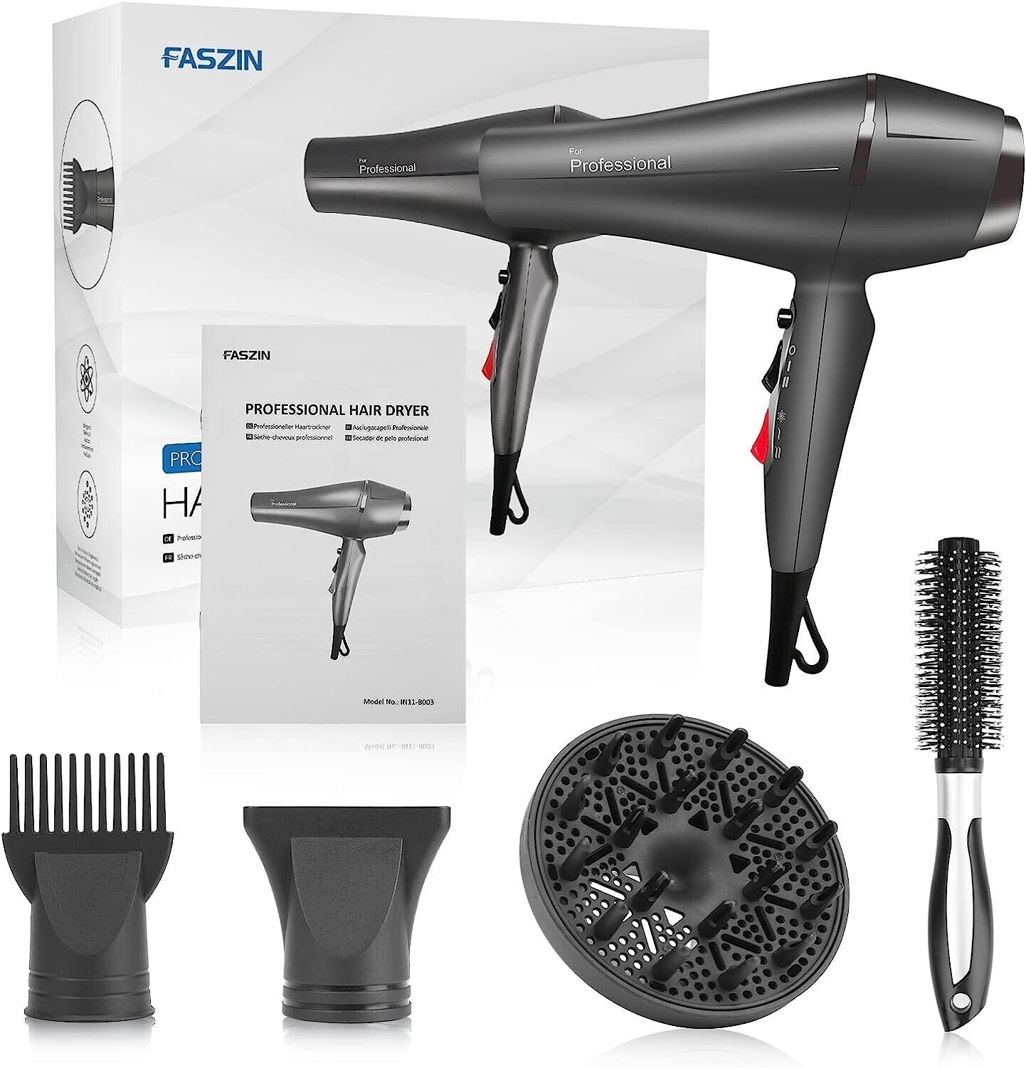Faszin Asciugacapelli Professionale Ionico, 2400W, con Accessori, Grigio - Görsel 6