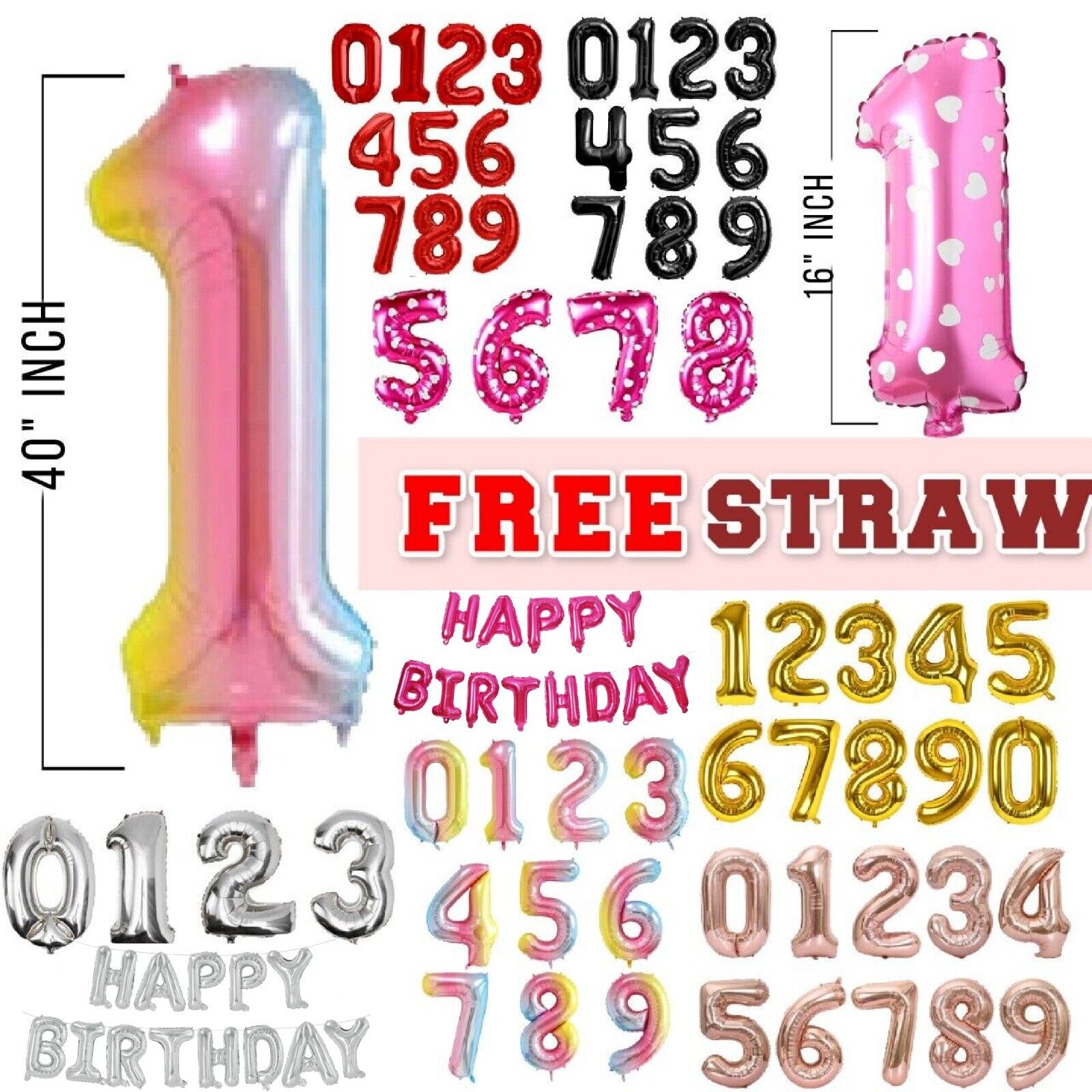 40" Giant Foil Number Self Inflating Balloons Birthday Age Party Wedding Decor - Görsel 1