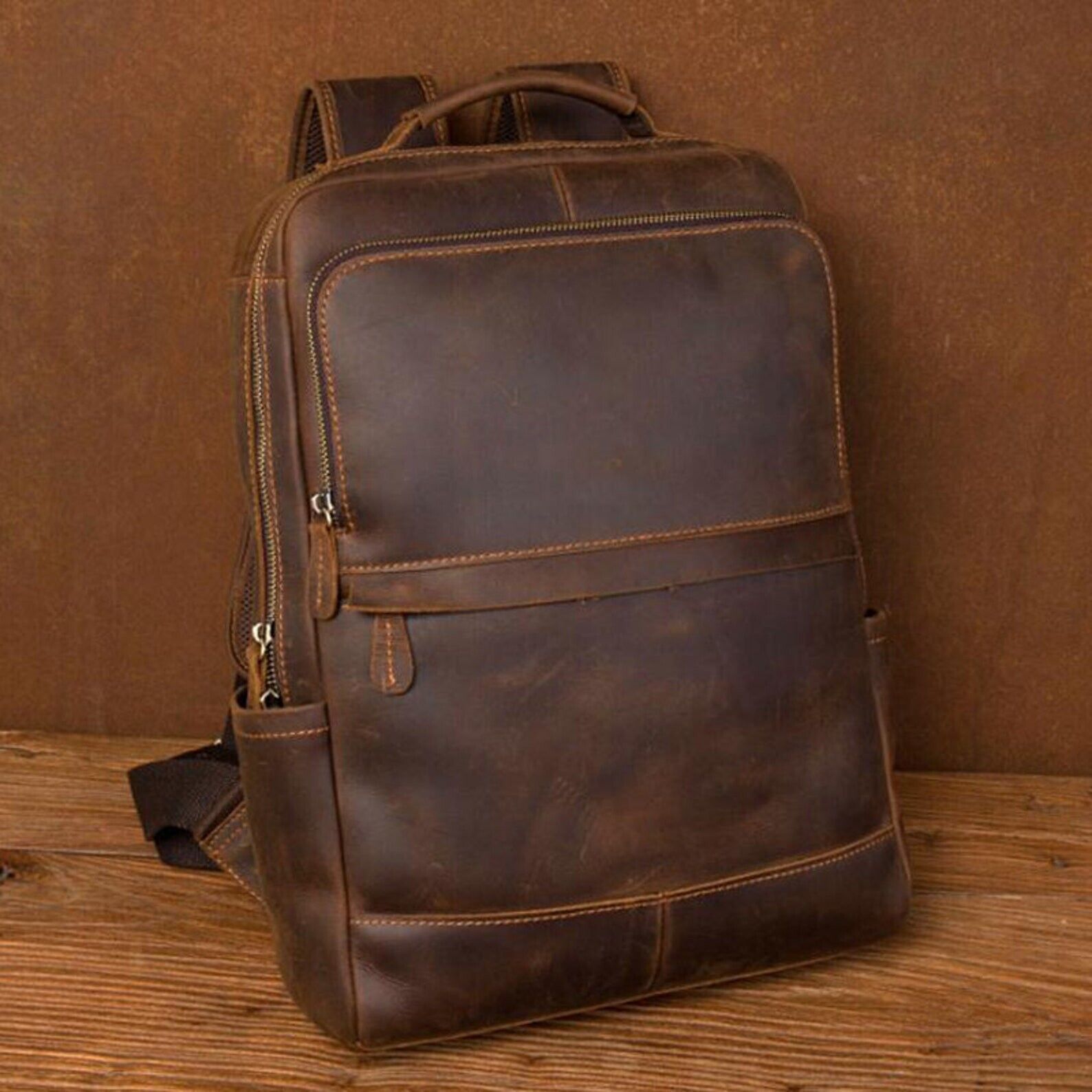 Buffalo Leather Backpack Shoulder Bag Laptop Rucksack Office School Handbag 15" - Görsel 1