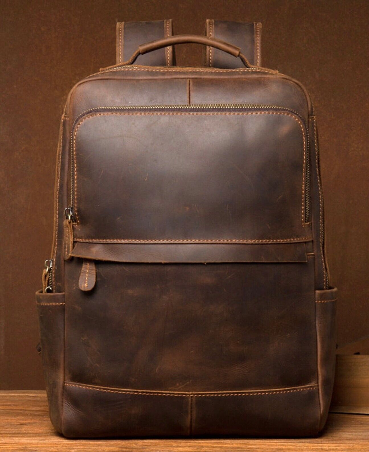 Buffalo Leather Backpack Shoulder Bag Laptop Rucksack Office School Handbag 15" - Görsel 2
