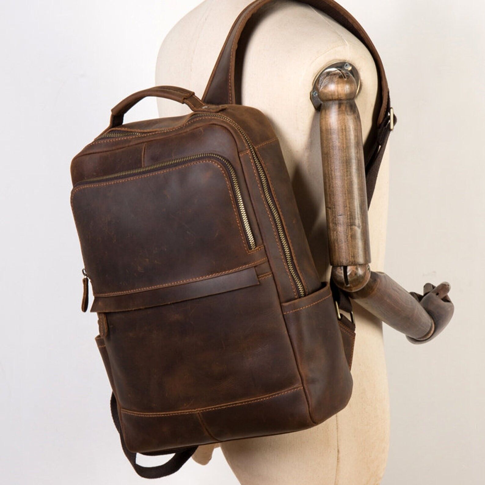 Buffalo Leather Backpack Shoulder Bag Laptop Rucksack Office School Handbag 15" - Görsel 3