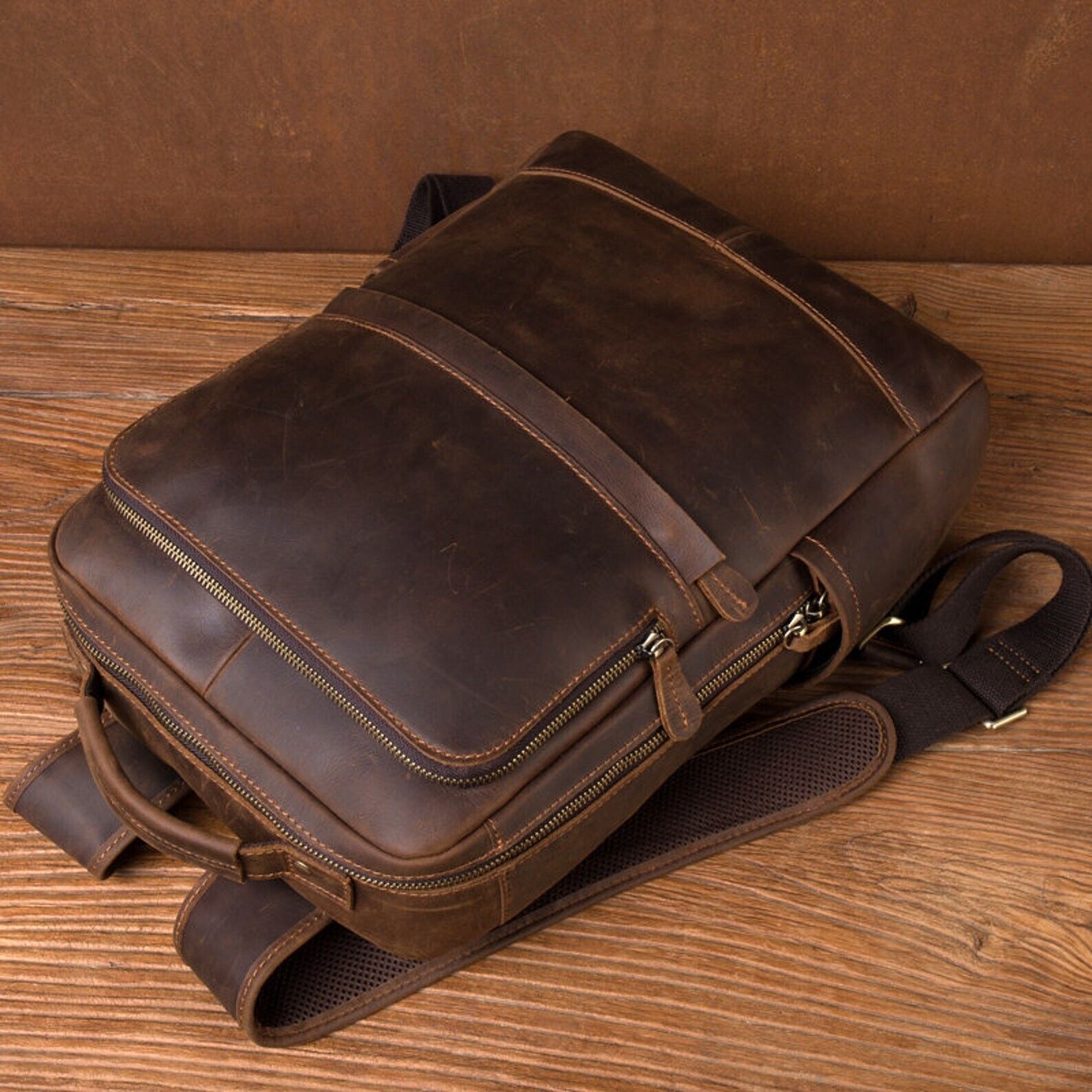 Buffalo Leather Backpack Shoulder Bag Laptop Rucksack Office School Handbag 15" - Görsel 7