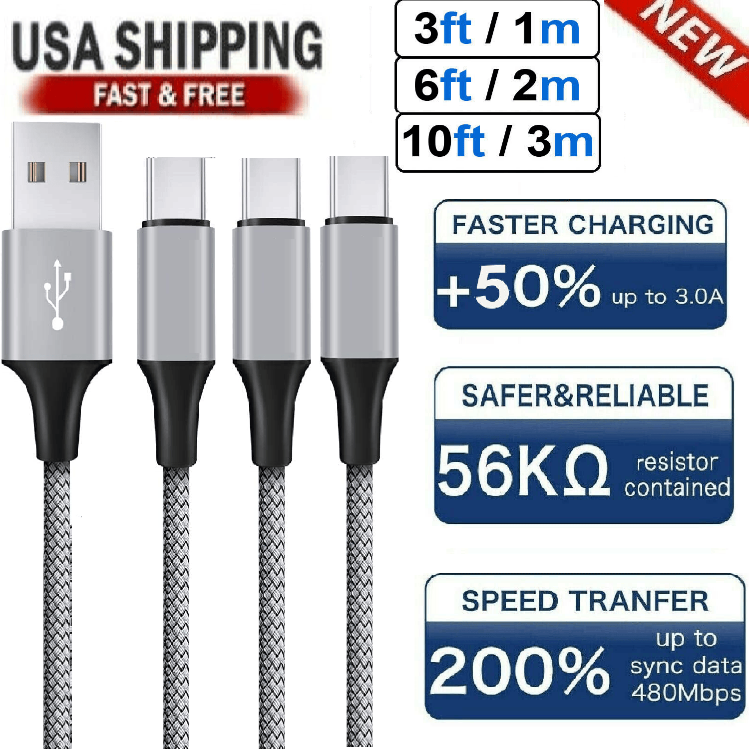3-Pack Braided USB C Type-C Fast Charging Data SYNC Charger Cable Cord 3/6/10FT - Görsel 1