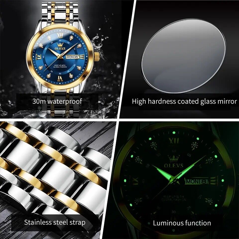 Men's Luxury Business Watch with Stainless Steel Strap Black & Gold Quartz UK - Görsel 1