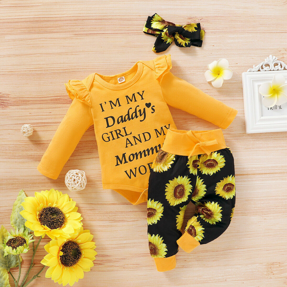 3PCS Newborn Baby Girl Clothes Letter Romper Jumpsuit Tops Pants Headband Outfit - Görsel 1