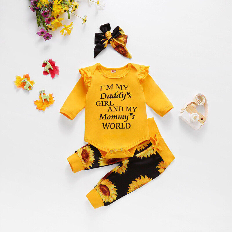 3PCS Newborn Baby Girl Clothes Letter Romper Jumpsuit Tops Pants Headband Outfit - Görsel 2