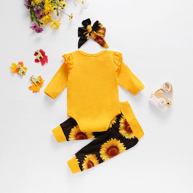 3PCS Newborn Baby Girl Clothes Letter Romper Jumpsuit Tops Pants Headband Outfit - Görsel 4