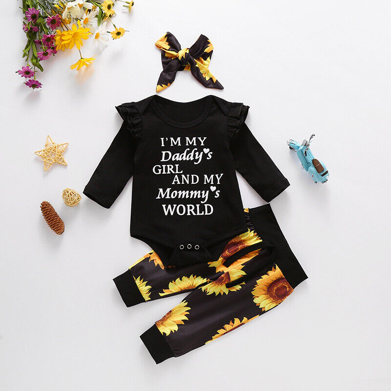 3PCS Newborn Baby Girl Clothes Letter Romper Jumpsuit Tops Pants Headband Outfit - Görsel 7