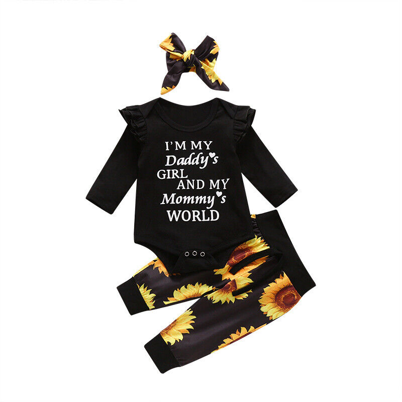 3PCS Newborn Baby Girl Clothes Letter Romper Jumpsuit Tops Pants Headband Outfit - Görsel 8