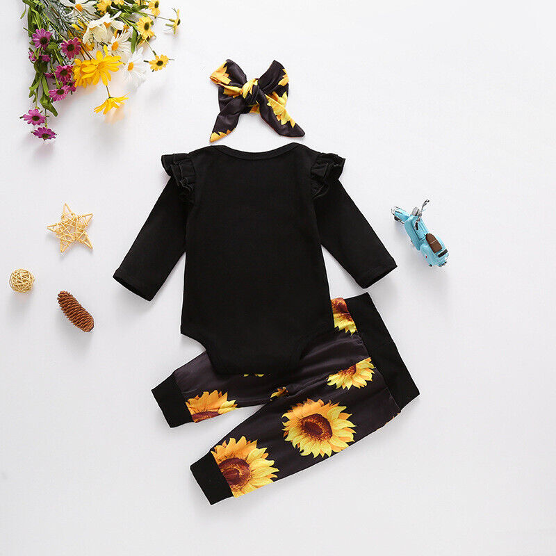 3PCS Newborn Baby Girl Clothes Letter Romper Jumpsuit Tops Pants Headband Outfit - Görsel 10