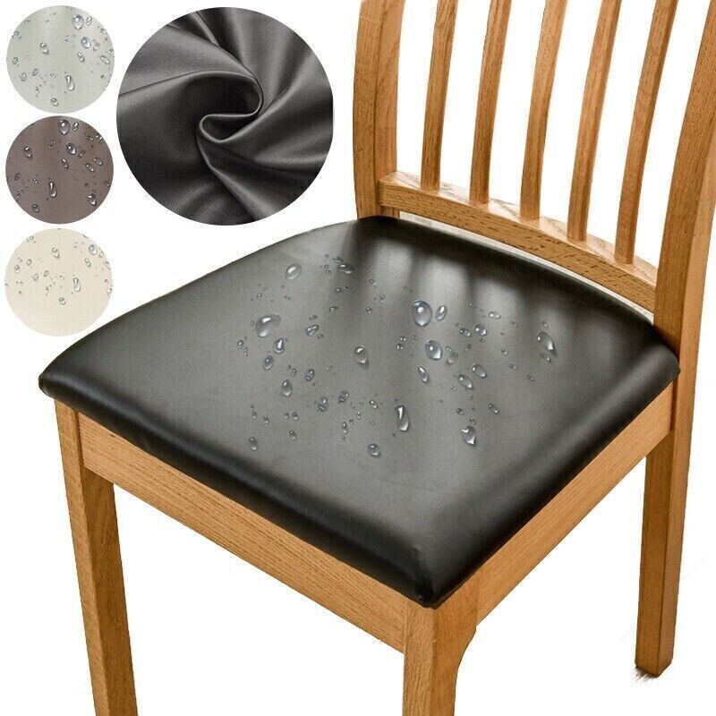 Waterproof Dining Chair Covers Cushion Seat Slipcover PU Leather Stretch Black - Görsel 1