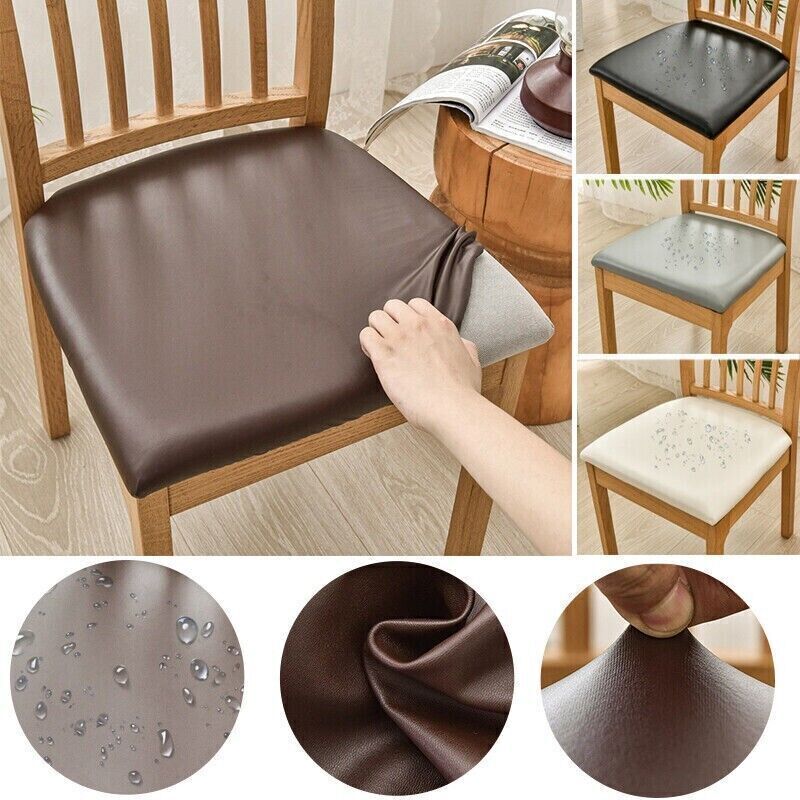 Waterproof Dining Chair Covers Cushion Seat Slipcover PU Leather Stretch Black - Görsel 2