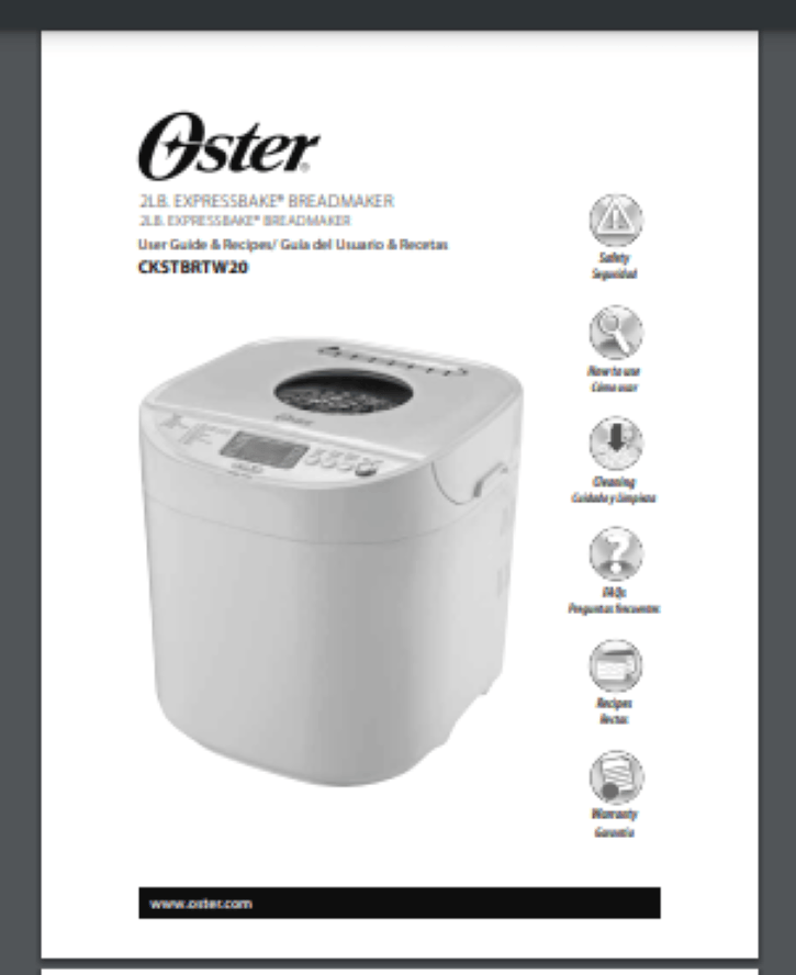 Oster CKSTBRTW20 Bread Maker Machine Owner & Recipe Manual (ONLY!) 80 pages