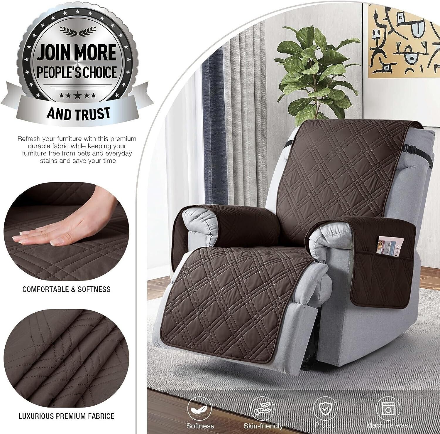 Waterproof Recliner Chair Cover, Non Slip Covers with Pocket, Washable Reclining - Görsel 2
