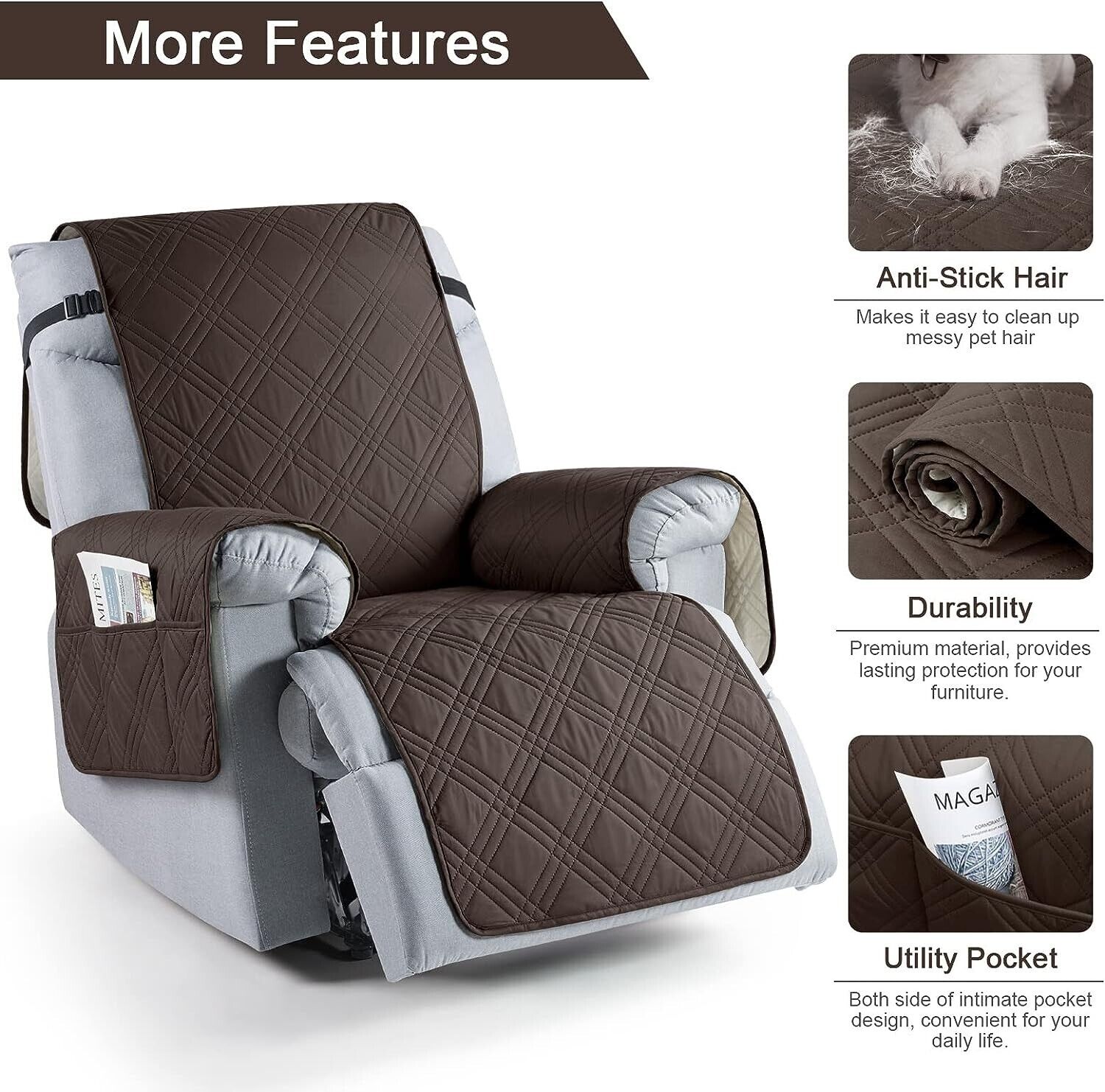 Waterproof Recliner Chair Cover, Non Slip Covers with Pocket, Washable Reclining - Görsel 5