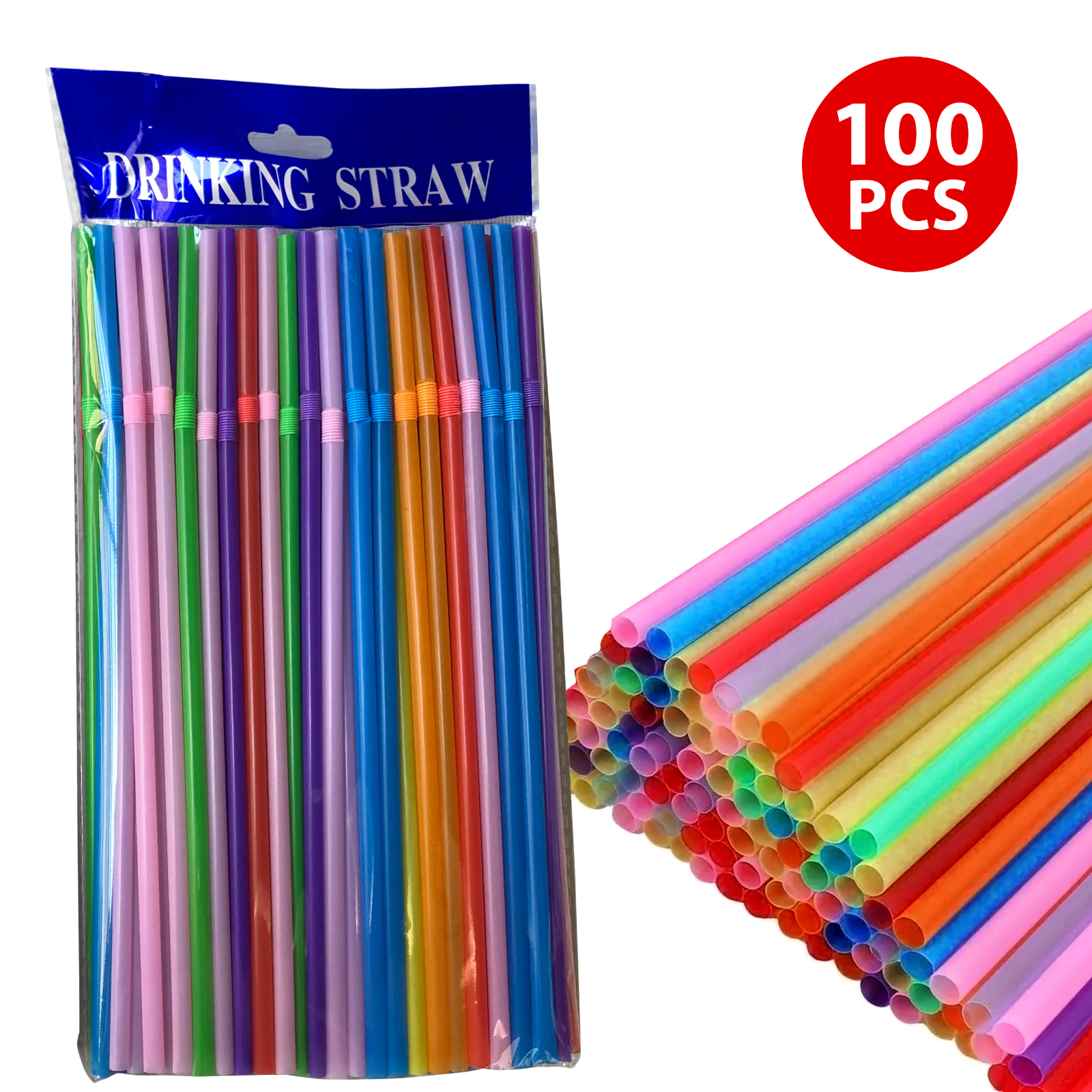 100 x Straws Plastic Bendy Colourful Straws Birthday Wedding Summer Party Drink - Görsel 1