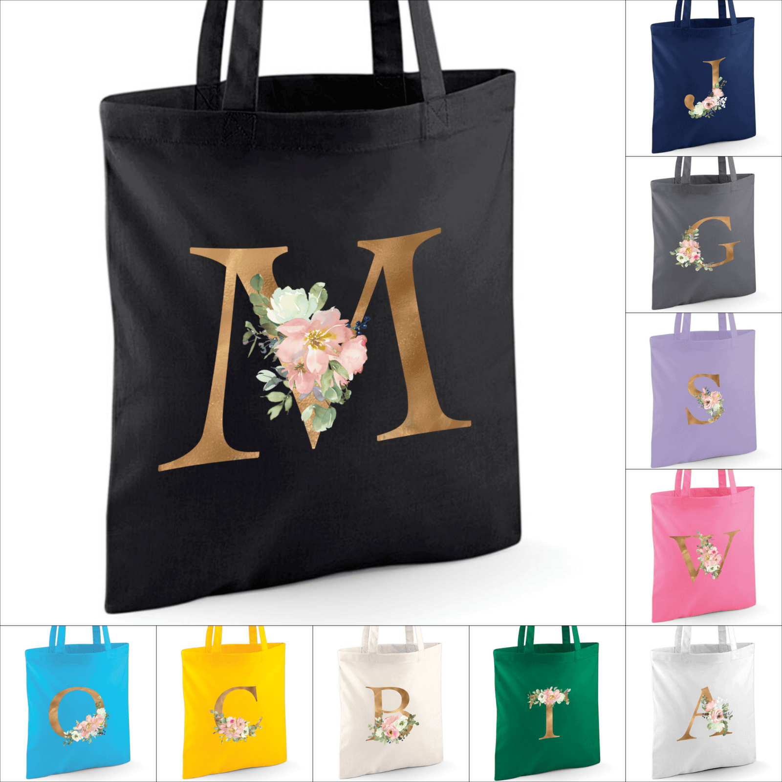 Personalised Floral Gold Initial Tote Bag. Custom Printed Cotton Shopping Gift - Görsel 1