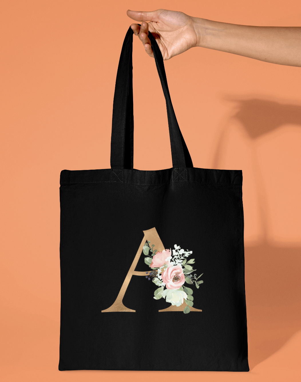 Personalised Floral Gold Initial Tote Bag. Custom Printed Cotton Shopping Gift - Görsel 2
