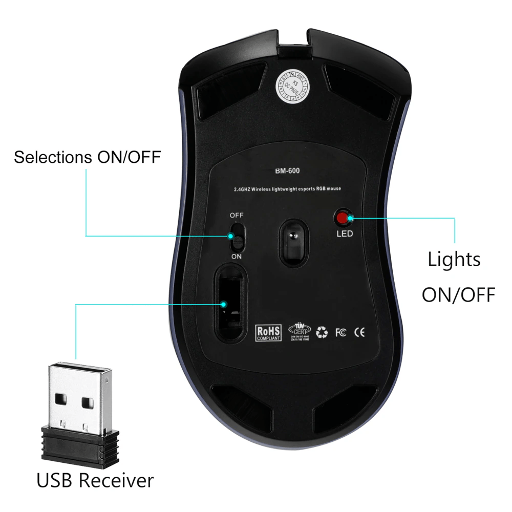 Wireless Mouse Gaming Rechargeable Optical Mouse Cordless 7 Color LED Backlit PC - Görsel 8