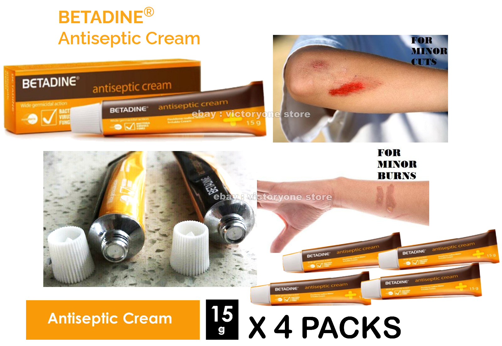 Cream Antiseptic Betadine Kills Bacteria Minor Cut Burn Treatment 15g X 4 PACKS - Görsel 1